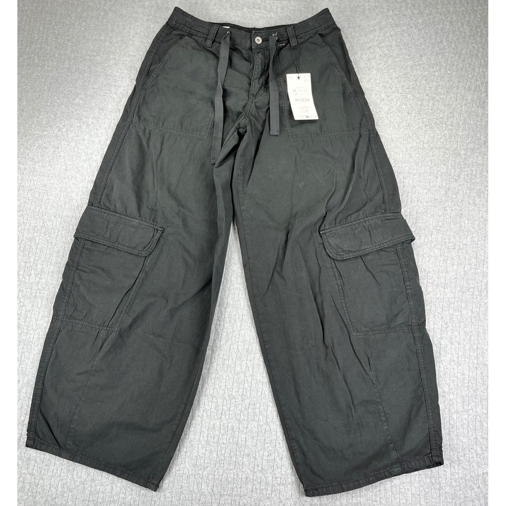 New Zara Baggy Wide Leg Cargo Pants Womens 2 Black Drawstring Utility Y2K 90s